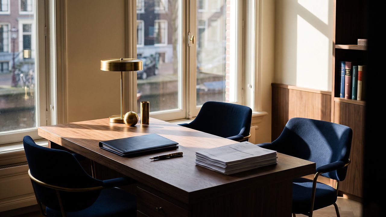 Sfeerbeeld van een rustige, klassiek ingerichte adviesruimte: houten bureau, donkerblauwe stoelen en messing accenten (sfeerbeeld, geen foto van onze vestigingen)
